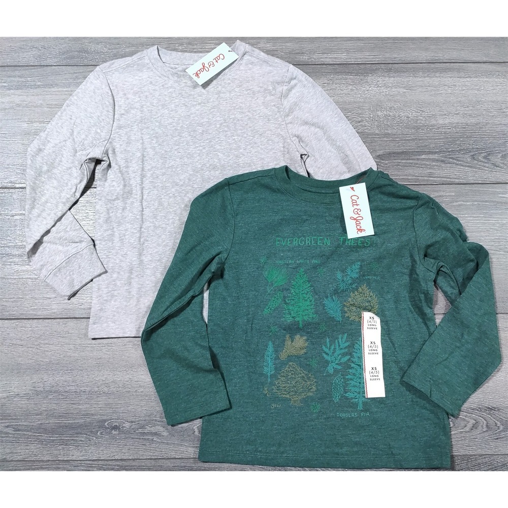 Cat & Jack Boys XS 4-5 Long Sleeve Lightweight Sweater Shirt Evergreen 2pk